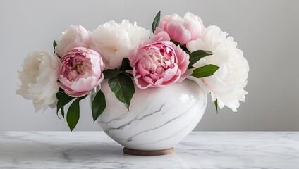 bouquet of pink and white peonies in a marble vase.