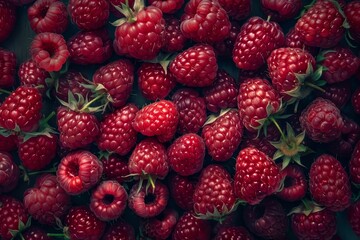 High quality top view image of fresh sweet red raspberries on high frame for sale - Powered by Adobe
