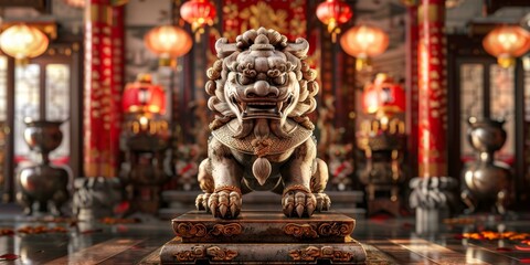 Obraz premium An Impressive Stone Guardian Lion in an Asian Temple