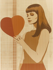 Cute Valentine's card: young woman offering her heart