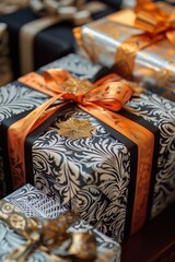 Closeup of wrapped birthday gifts, emphasizing the intricate patterns and ribbons, great for giftgiving moments