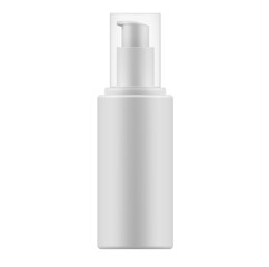 Blank plastic cosmetic bottle mockup on white background, White medical bottle, Small White Bottle of Hand Sanitizer, Skin Antiseptic, Antibacterial Fluid, Makeup Remover or Hair Spray