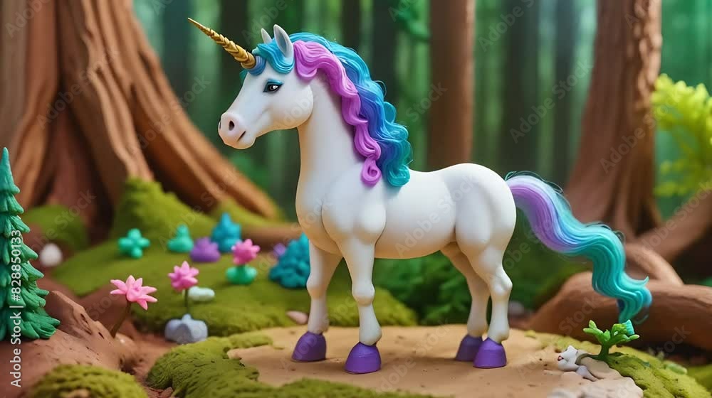 Wall mural unicorn stands in a fairy forest. created with generative ai tools