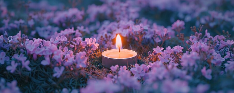 A candle burns brightly in the middle of a field of purple flowers