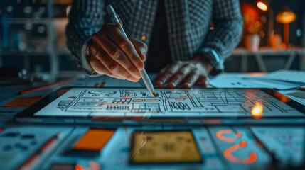 A designer uses a stylus to draw on a tablet, focusing on a digital design project.