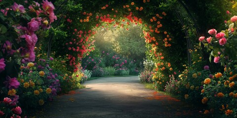 Captivating image of a lush garden pathway under a beautiful floral archway bathed in sunlight and surrounded by vibrant flowers