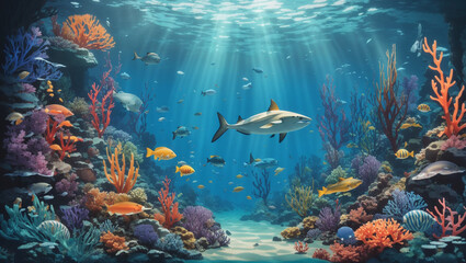  coral reef with many different types of fish swimming in water