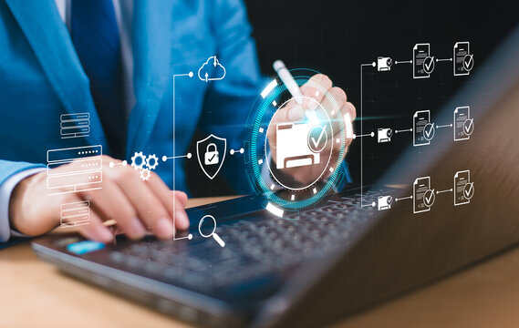 Data personal safety technology concept. Cloud computing network security, office background. Document Management System (DMS). Data transfer backup, File Sharing. Web online document backup concept