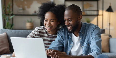 A couple sits together on a cozy couch in their home, focusing on a laptop in front of them, indicating they are engaged in an activity or project.
