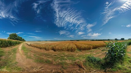 Fototapeta premium A wide-angle shot of a flourishing cornfield with a bright blue sky and a few scattered clouds, capturing the essence of rural farming