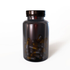 Brown bottle contain white and yellow pills isolated on white background. 3d-rendering