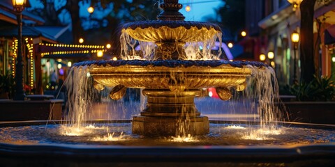 An illuminated water fountain comes to life at night, with glowing lights and a magical bokeh effect in the surrounding area