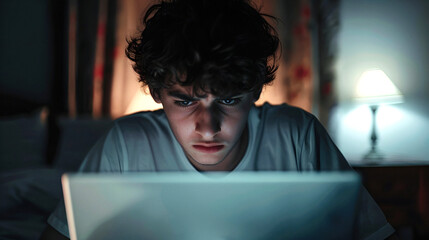 Person facing cyberbullying, obscured face on laptop screen