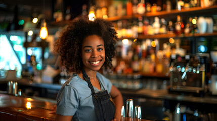 Female bartender African American in a busy bar