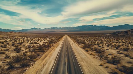 Aerial View of Straight Long Road Cutting through the Desert