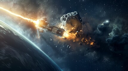 Meteor entering Earth's atmosphere, burning brightly in space.