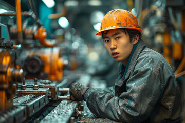 Migrant worker operates complex machinery in a bustling factory with precision and focus, his face illuminated by the soft glow of industrial lights
