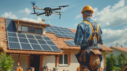 Workers wearing safety gear installing solar panels on a rooftop.