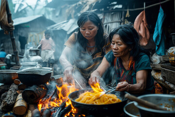 Migrant family cooks a meal over an open fire amidst makeshift dwellings in an urban slum