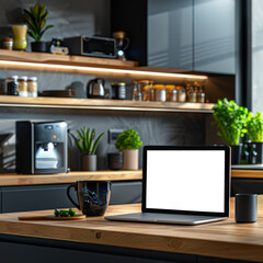 mock up laptop, Modern kitchen countertop with laptop, coffee mug, and plants. Blank screen for your message.