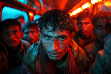 Tired migrant workers pack into a bus, making their way home after a long day of labor