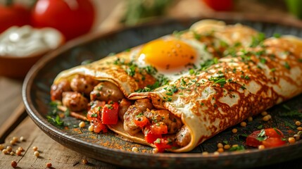 Savory Crepes with Sausage and Vegetables Topped with Fried Egg