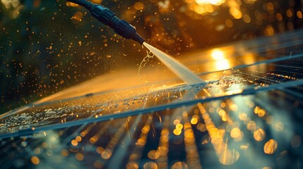 Cleaning solar panels with a high-pressure water spray under sunlight