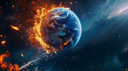  Earth engulfed in flames in outer space, depicting a catastrophic event.