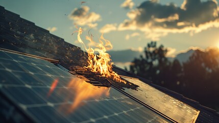 Solar panels on a roof engulfed in flames during sunset.