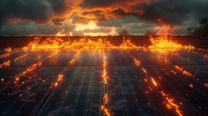 Solar panels on a roof engulfed in flames during sunset.