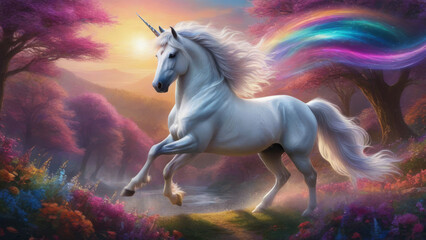 Naklejka premium A beautiful unicorn. Fantasy background.
