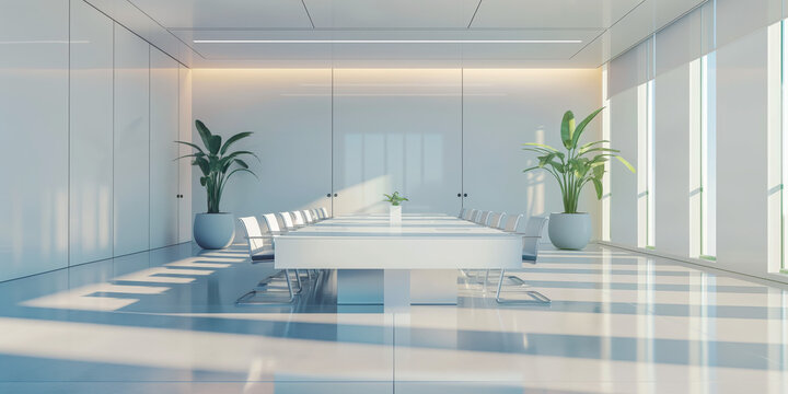 A bright and airy conference room with a large table and sleek chairs, decorated with green plants, creating a fresh and inviting space for meetings and collaborations.