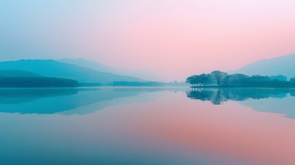 Fototapeta premium Tranquil lake, misty mountains,Pastel 
