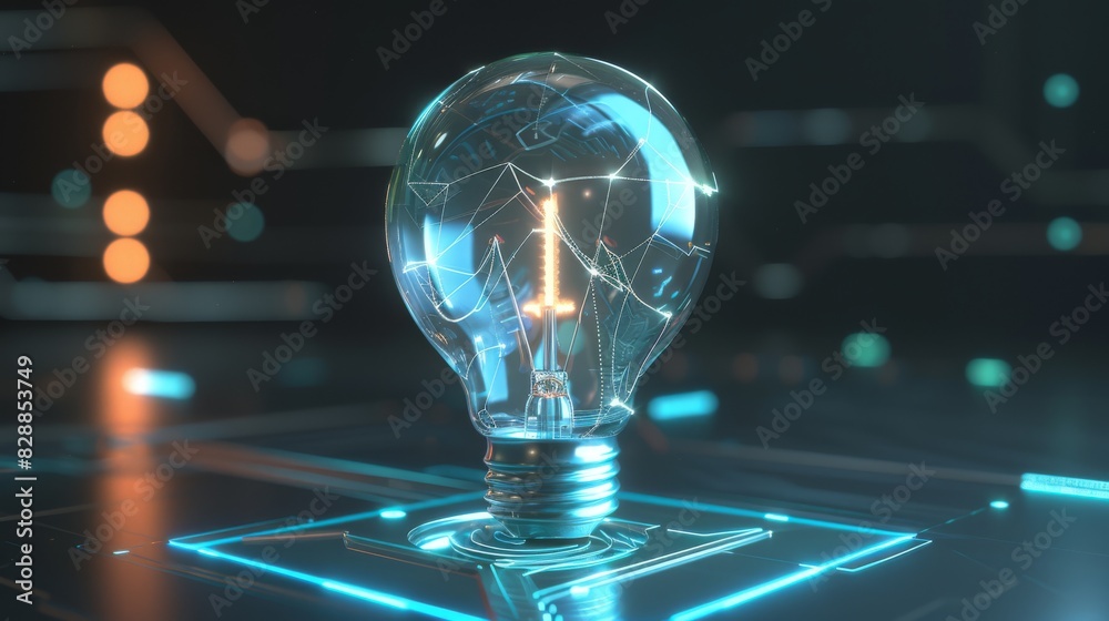 Poster A glowing light bulb representing innovation and technology, surrounded by digital circuits and futuristic elements in a dark setting.
