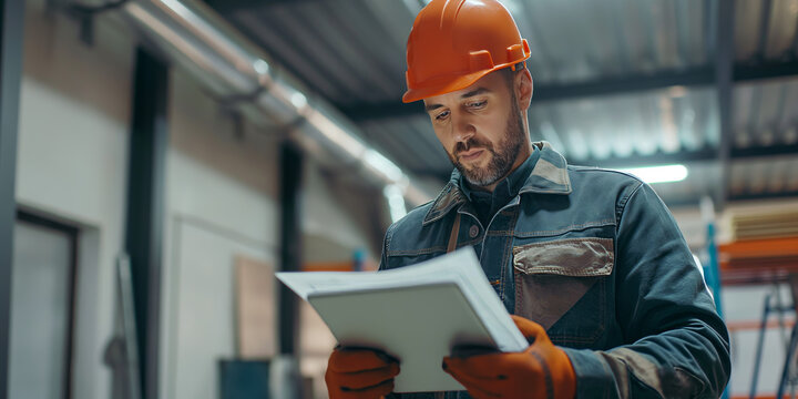 Construction worker in an industrial environment reading documents and wearing safety gear, emphasizing the importance of safety and attention to detail in manual labor jobs.