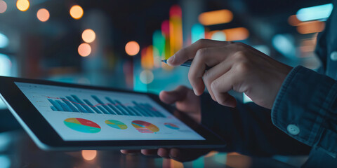 Analyzing data on a digital tablet displaying colorful, detailed bar graphs in a low-light setting, representing modern data analysis and information processing techniques.