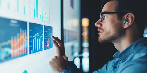 Person examining detailed analytics displayed on a large digital screen, highlighting the importance of data visualization and analysis in modern decision-making processes.