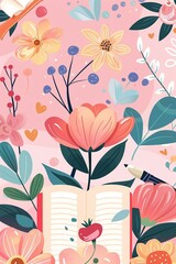 Vector poster for Teacher Appreciation Day with floral elements, thank you note, and school-related graphics in soft pastel tones