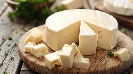 Soft cheese on wood table on background. Generative Ai