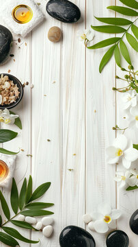 Wide flat lay spa wellness banner with different massage stones, treatment oil bottles and candles on a white wooden finished background 