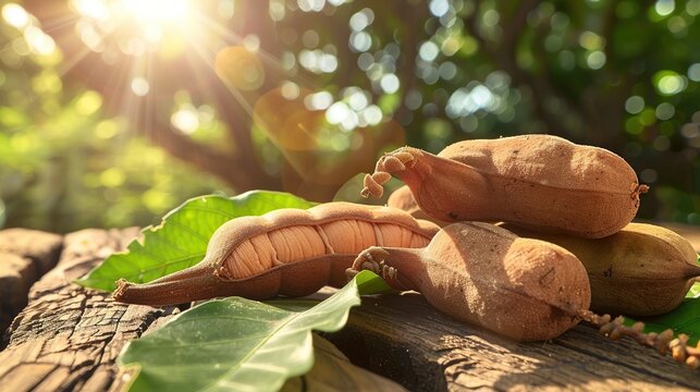 Some raw tamarind with tamarind leaf in a wooden bench with sunlight. Generative Ai