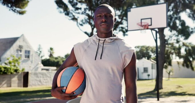 Black man, portrait and confident at basketball court in outdoor for training, exercise and sport for fitness in Atlanta. Athlete, healthy and workout or practice as player with passion for career