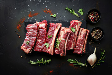 Raw pieces of ribs on a dark slate stone with elements of spices and scattered peppers and salt on a dark background with space for text or inscriptions, top view

