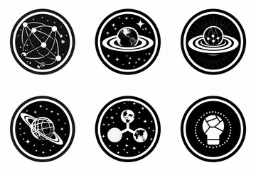 Black and white space themed icons with brain elements, blending neuroscience and astronomy in a minimalist design