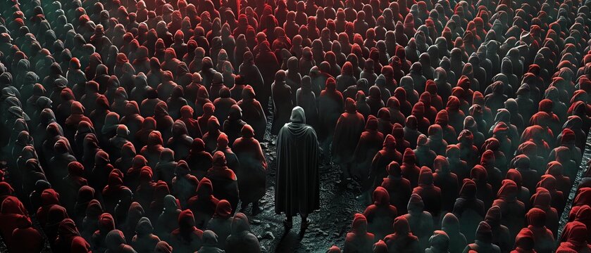 A sea of conformity met by one defiant leader, stark against the multitude in red