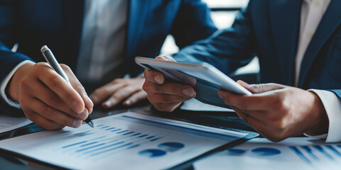 Two businessmen are analyzing financial data on tablets. The scene captures a collaborative effort in a professional setting, emphasizing the use of modern technology in finance.