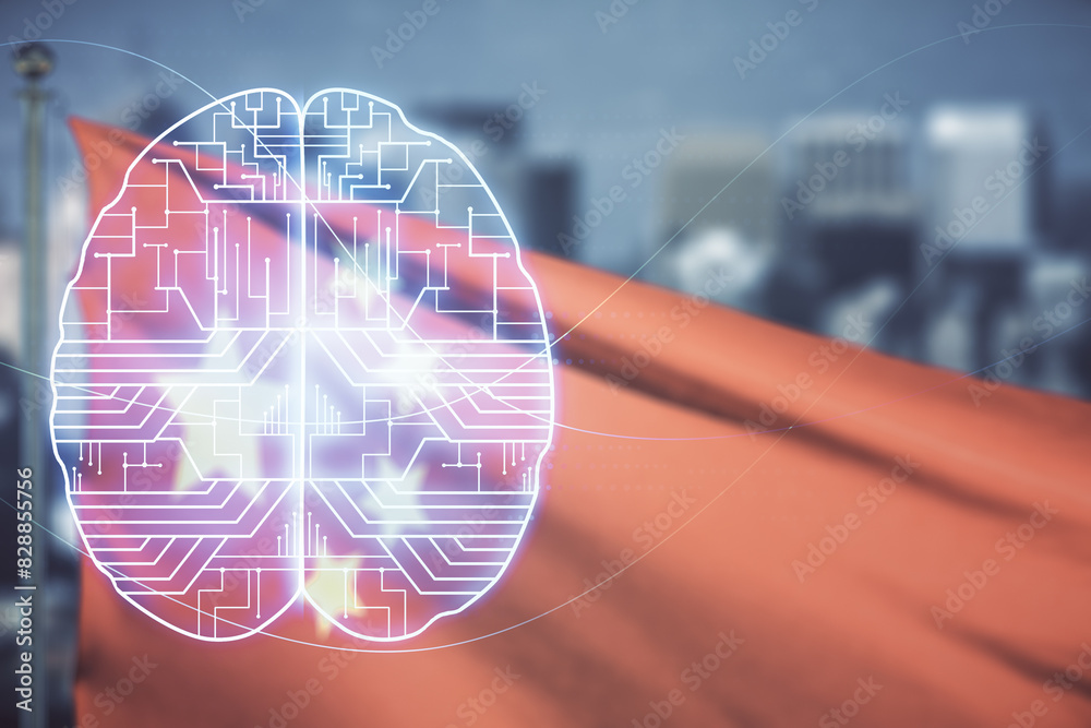Poster virtual creative artificial intelligence hologram with human brain sketch on flag of china and blurr