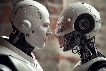 Fototapeta premium Human and robot talking to each other face to face, AI-generated
