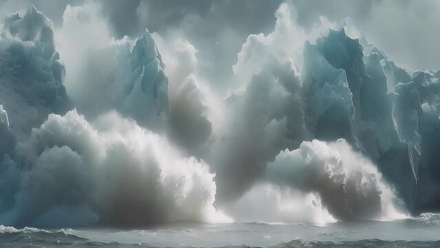 The sound of crackling ice echoes through the air as a massive chunk breaks off the glacier and plunges into the ocean.