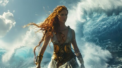 warrior woman with red hair in gold armor standing in water